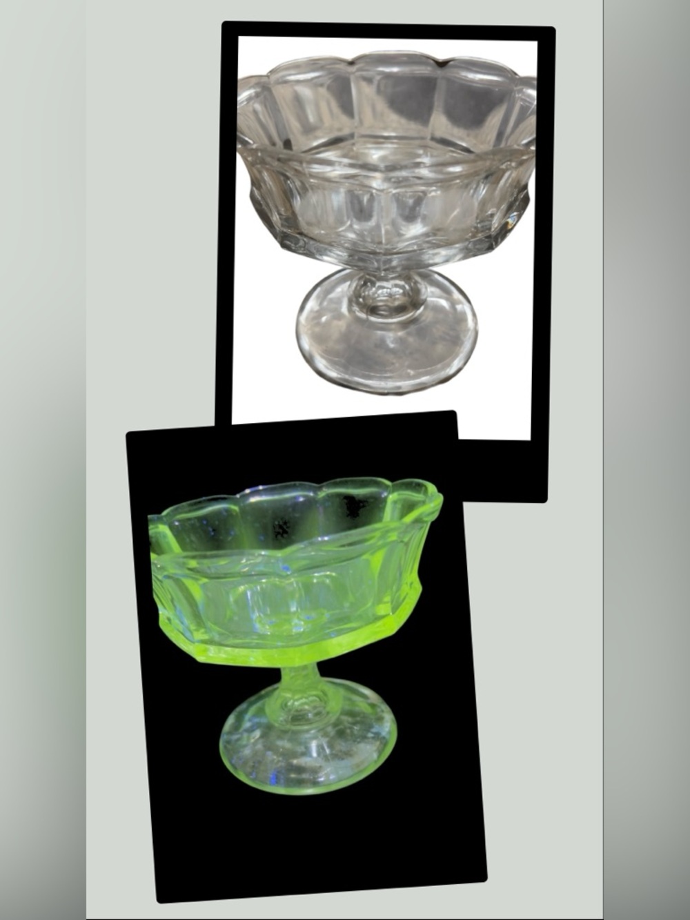 Vtg Clear Glass Scalloped Pedestal Compote Dish Manganese UV Green Glow 365nm